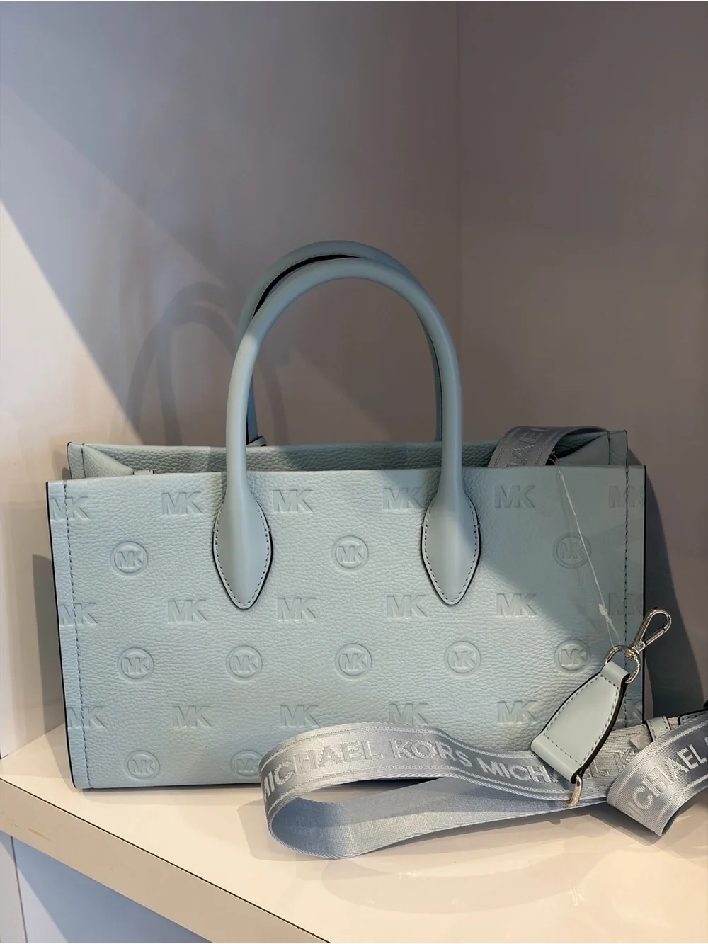 Michael Kors Light Blue Embossed MK Satchel with Detachable Strap